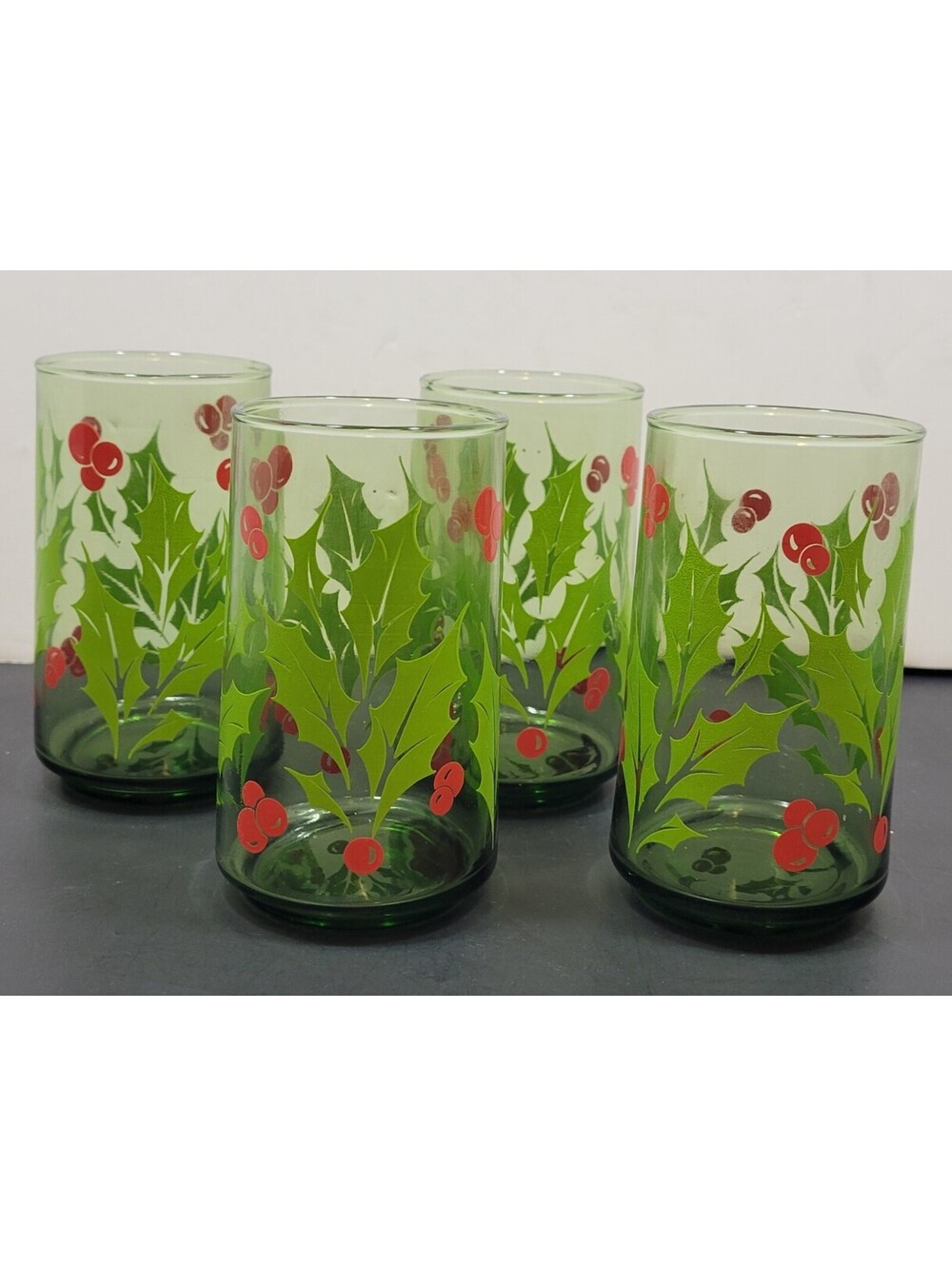 Vtg Anchor Hocking Holly Wreath Green 4.75" Christmas Glasses - Lot of 4 (A)